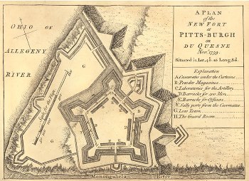 Fort Pitt map published in 1765, drawn by John Rocque